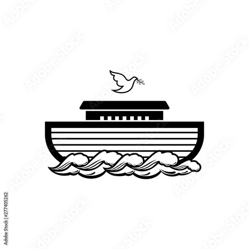 Logo of Noah's Ark. Dove with a branch of olive. Ship to rescue animals and people from the Flood. Biblical illustration.
