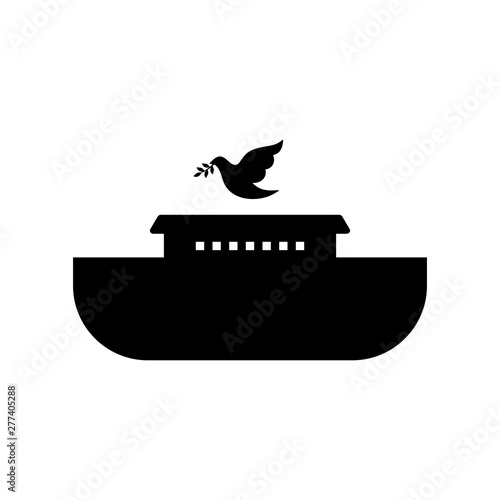 Logo of Noah's Ark. Dove with a branch of olive. Ship to rescue animals and people from the Flood. Biblical illustration.