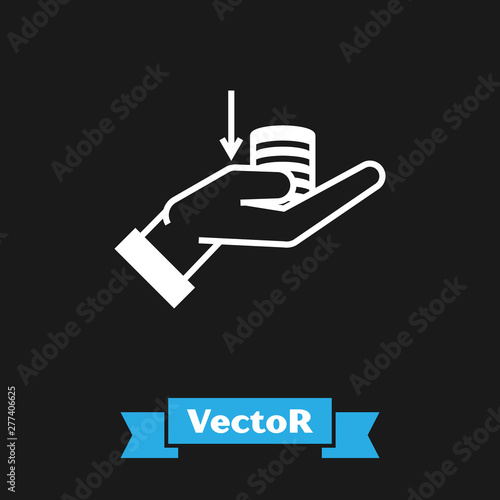 White Money on hand icon isolated on black background. Palm holds cash with down. Cash salary decrease. Vector Illustration