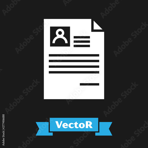 White Resume icon isolated on black background. CV application. Searching professional staff. Analyzing personnel resume. Vector Illustration