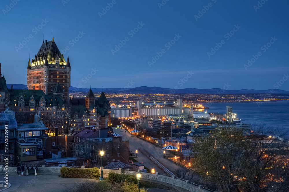Panoramic view of Old Quebec city and it's famous Chateau Frontenac at dusk, capital of province of Quebec, Canada