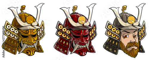 Cartoon detailed japanese samurai helmet with scary mask, horns and demon face. Isolated on white background. Vector icon set.