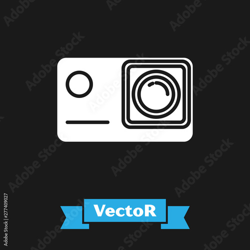White Action extreme camera icon isolated on black background. Video camera equipment for filming extreme sports. Vector Illustration