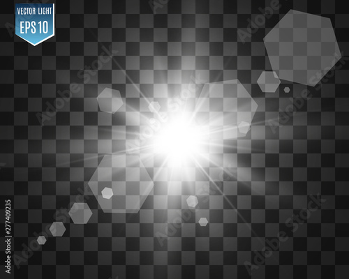 Special lens flash, light effect. The flash flashes rays and searchlight. illust.White glowing light. Beautiful star Light from the rays. The sun is backlit. Bright beautiful star. Sunlight. Glare.