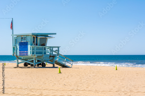 Lifeguard tower at Santa Monica beach in California, USA