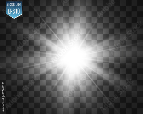 Special lens flash, light effect. The flash flashes rays and searchlight. illust.White glowing light. Beautiful star Light from the rays. The sun is backlit. Bright beautiful star. Sunlight. Glare.