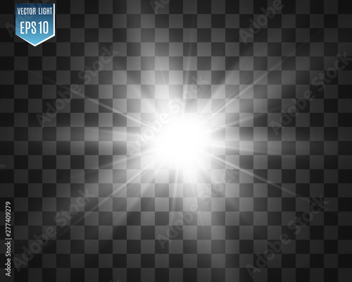 Special lens flash, light effect. The flash flashes rays and searchlight. illust.White glowing light. Beautiful star Light from the rays. The sun is backlit. Bright beautiful star. Sunlight. Glare.