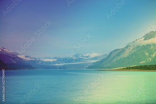 View of the Mountains and valleys created by Glaciers in Alaska Glacier Bay and Nature Preserve. 