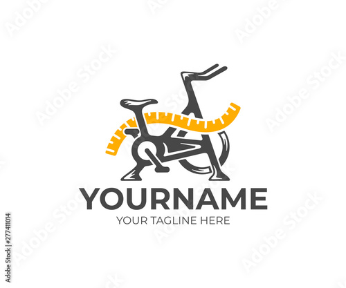 Exercise bike and measuring tape, fitness and dieting, logo design. Gym, sport, tape measure and diet, vector design and illustration