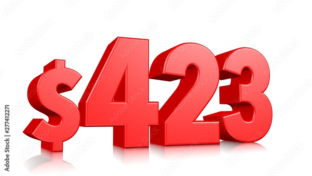 423$ Four hundred and twenty three price symbol. red text number 3d render with dollar sign on white background 423$ Four hundred and twenty three price symbol. red text number 3d render with dollar sign on white background