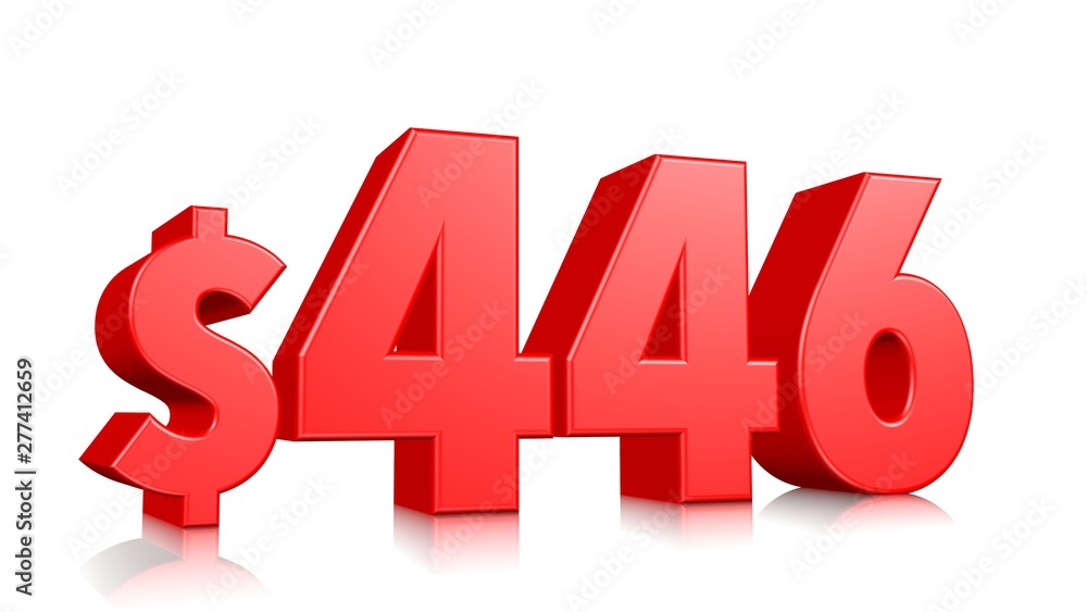 446$ Four hundred and forty six price symbol. red text number 3d render with dollar sign on white background 446$ Four hundred and forty six price symbol. red text number 3d render with dollar sign on white background