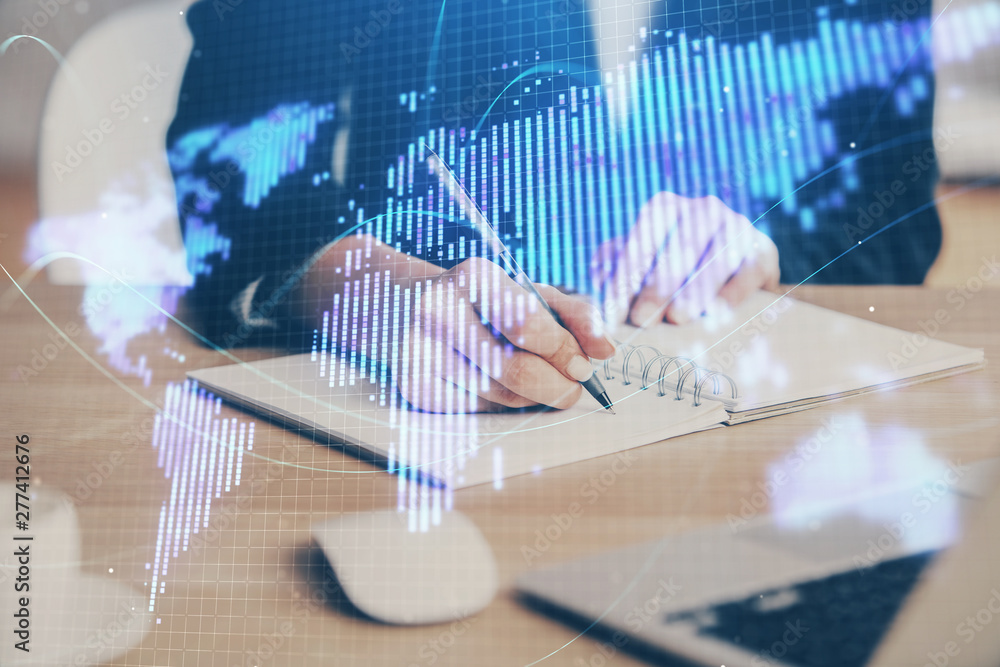 International business hologram over woman's hands taking notes background. Concept of success. Double exposure International business hologram over woman's hands taking notes background. Concept of success. Double exposure