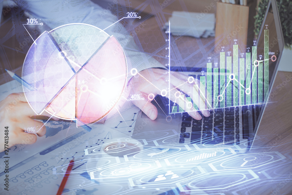 Forex graph with businessman working on computer in office on background. Concept of hardworking. Multi exposure. Forex graph with businessman working on computer in office on background. Concept of hardworking. Multi exposure.