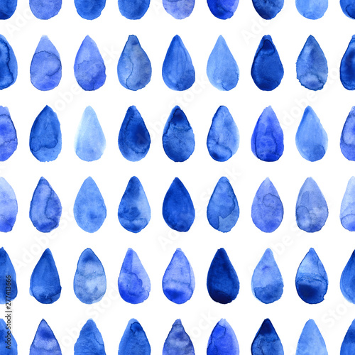 Watercolor water drops seamless pattern. Blue and wthite background for fabric, pritns, covers, invitation. Control water drinking. photo
