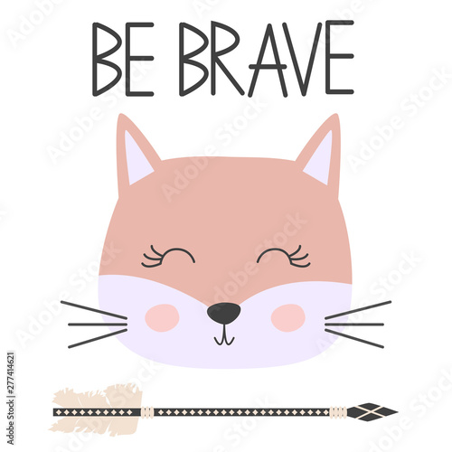 Cute sweet little cat girl smiling face art. Lettering quote Be Brave. Kids nursery scandinavian hand drawn illustration. Graphic design.