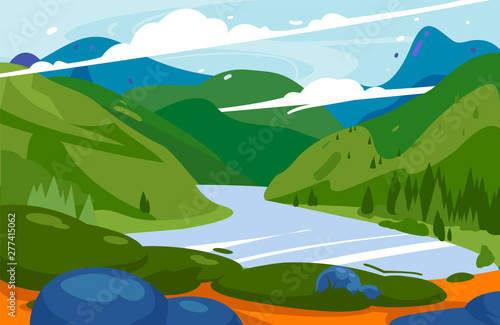 Amazing mountains green landscape vector illustration. National park background.