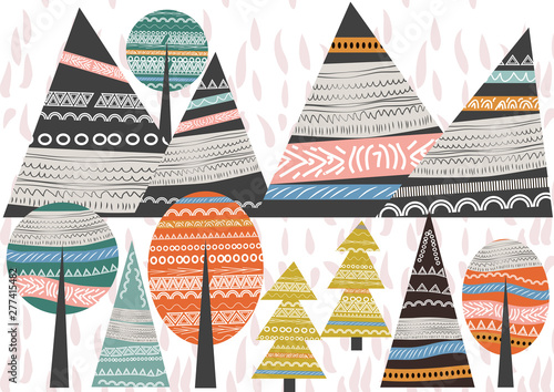 Hand drawn forest objects set. Creative scandinavian woodland background with trees and mountains.