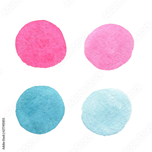 Blue and pink watercolor circle set. Watercolour splash stain on transparent background isolated on white.