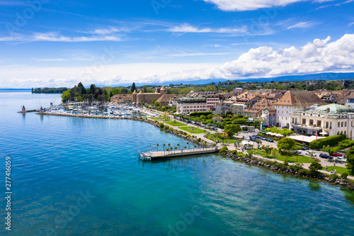 Aerial view of Morges city waterfront in the border of the Leman Lake in  Switzerland © Samuel B.