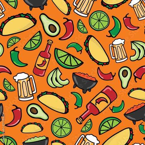 Colorful Taco Time Fiesta seamless pattern. Mexican restaurant food and beverage background design on terra cotta.