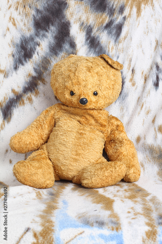 Old teddy bear on color blanket