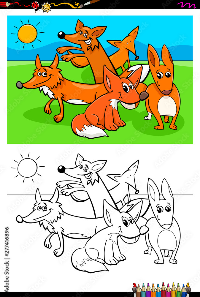 Naklejka premium foxes animal characters group coloring book