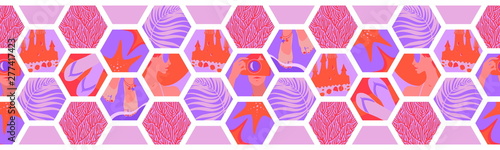 Geometric horizontal seamless border with summer time hexagon shapes. Vector tropical sea relax coral, pink, lilac tiles, beach holiday and travel tourism illustration