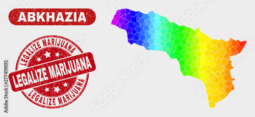 Spectrum dotted Abkhazia map and rubber prints. Red rounded Legalize Marijuana textured seal. Gradiented spectrum Abkhazia map mosaic of randomized circle elements.