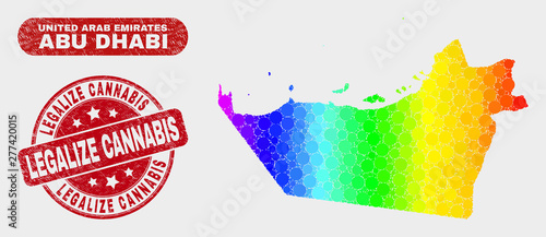 Spectral dotted Abu Dhabi Emirate map and seal stamps. Red round Legalize Cannabis textured seal stamp. Gradiented rainbow colored Abu Dhabi Emirate map mosaic of random small circles.