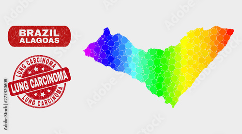 Spectrum dotted Alagoas State map and seals. Red round Lung Carcinoma grunge seal stamp. Gradiented spectrum Alagoas State map mosaic of randomized round elements.