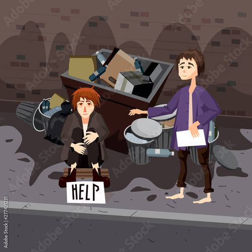Homeless sad poor person young children kids beggars wearing dirty clothes character
