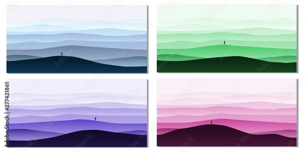 Set Mountain landscape minimalistic. Rocks sand horizon space parallax