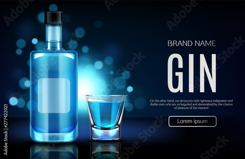 Elite alcohol drinks online shop realistic vector web banner, landing page template. Gin glass bottle with blank label, filled shooter illustration on blurred background with bokeh and blue backlight