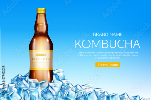 Kombucha bottle on ice cubes heap mockup banner. Fermented tea drink made of mushroom, healthy beverage glass flask mock up on blue background, advertising ad banner. Realistic 3d vector illustration