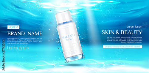 Cosmetics bottle mockup on underwater surface background, skin care beauty product on transparent aqua backdrop with air bubbles. Cosmetic tube package design. Realistic 3d vector illustration, banner
