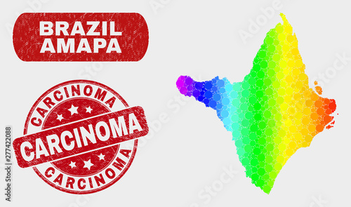 Spectrum dot Amapa state map and stamps. Red rounded Carcinoma distress seal stamp. Gradiented spectral Amapa state map mosaic of randomized circle dots. Carcinoma seal stamp with rubber surface.