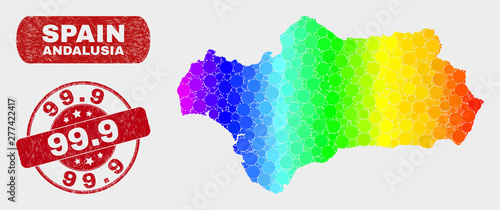 Spectral dotted Andalusia Province map and watermarks. Red round 99.9 scratched watermark. Gradient spectral Andalusia Province map mosaic of randomized spheric dots. 99.
