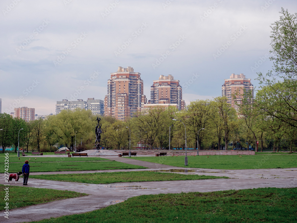 View from the city Park of Friendship to residential areas of Moscow     City Park of Friendship of the city of Moscow after the rain  