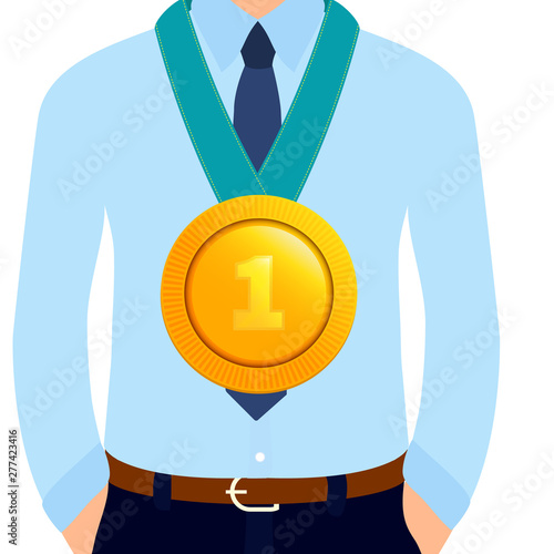 Businessman wearing a gold medal for best employee of the year. Closeup of a star performer medallion honouring career achievements. Competition and victory concept. Cartoon vector illustration.