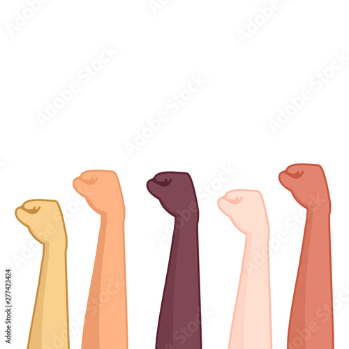 Raised hand fists of different color as symbol of protest and unity against social inequality, racism. Diverse nationalities united. Human rights concept. Cartoon vector illustration.