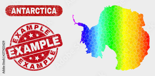 Spectral dot Antarctica continent map and rubber prints. Red round Example distress seal. Gradient spectral Antarctica continent map mosaic of scattered small spheres.