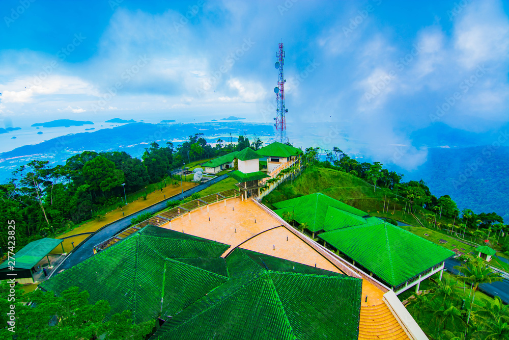 Gunung Raya Aerial view of Langkawi island mountains, forest, resort and satellite ...