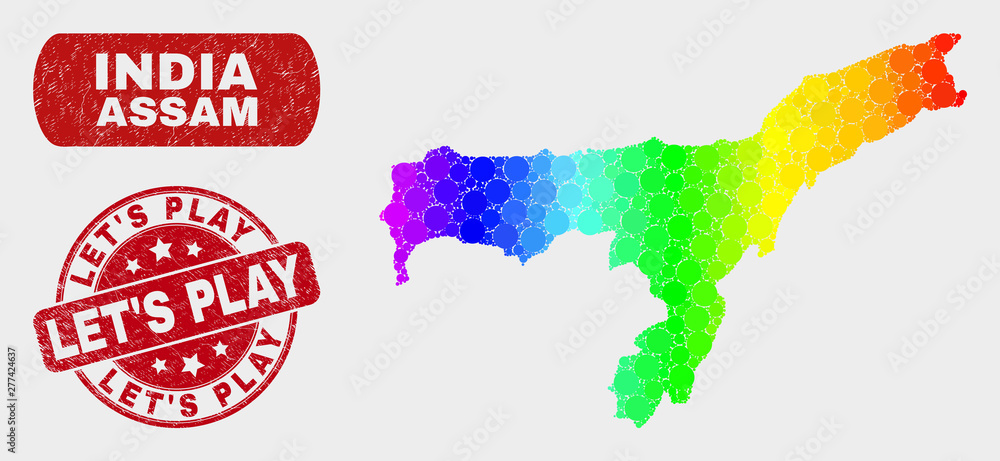 Spectral dot Assam State map and rubber prints. Red rounded Let'S Play textured seal stamp. Gradient spectrum Assam State map mosaic of randomized round elements.