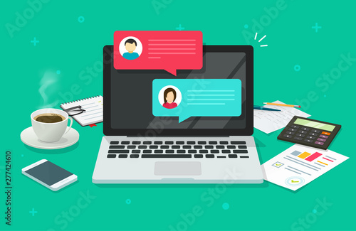 Chat messages on computer online vector illustration, flat cartoon workspace or working desk laptop pc with chatting bubble notifications, concept of people messaging on internet image