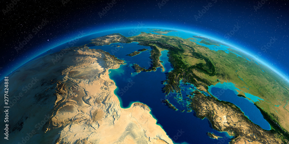 Detailed Earth. Africa and Europe. The waters of the Mediterranean Sea