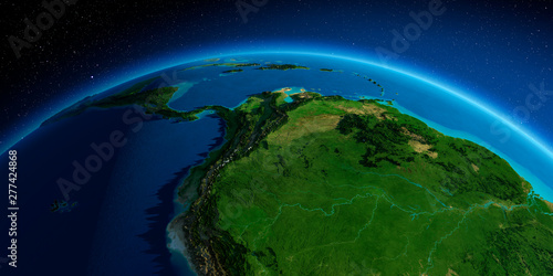 Detailed Earth. The western part of South America. Peru, Ecuador, Colombia, Venezuela and part of Brazil