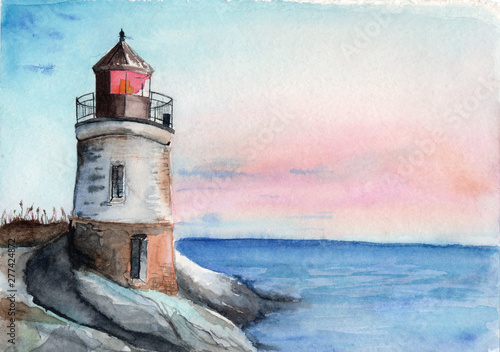 watercolor illustration of a lighthouse on a rock shore in early morning