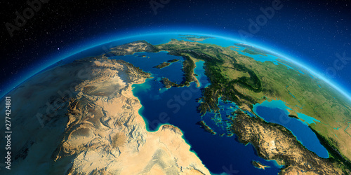 Detailed Earth. Africa and Europe. The waters of the Mediterranean Sea