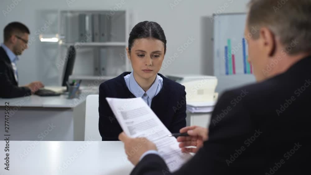 Boss looking through report, shouting on female manager, failed work task Boss looking through report, shouting on female manager, failed work task