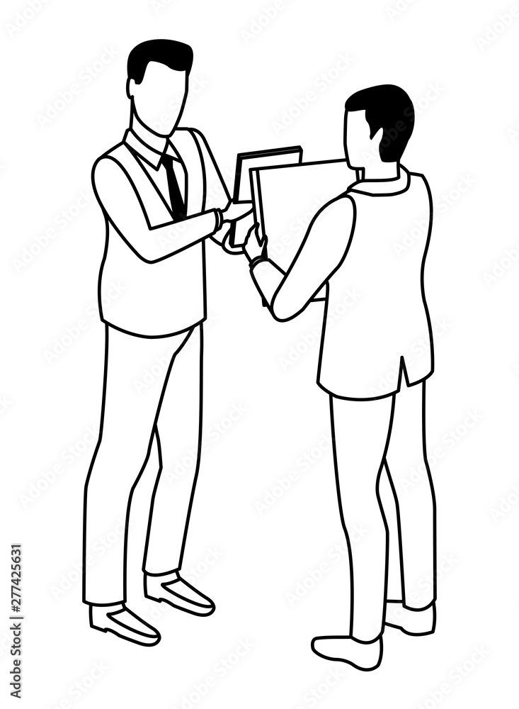 Businessmen using technology for business in black and white Businessmen using technology for business in black and white